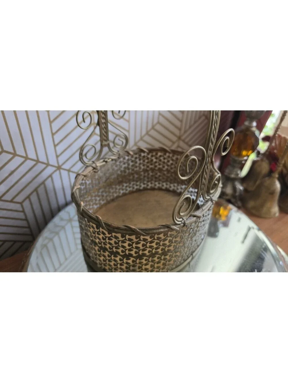 Vintage Perforated Gold Metal Scroll And Wood Basket